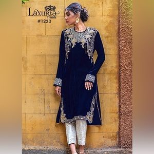 Velvet With Heavy Embroidery Work Stylish Designer Party Wear Kurti